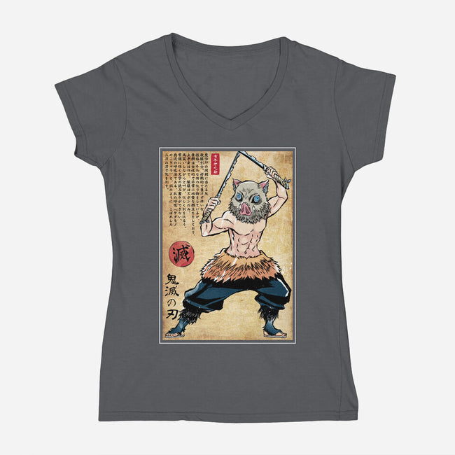 Beast Breathing Woodblock-Womens-V-Neck-Tee-DrMonekers