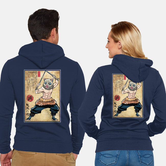Beast Breathing Woodblock-Unisex-Zip-Up-Sweatshirt-DrMonekers