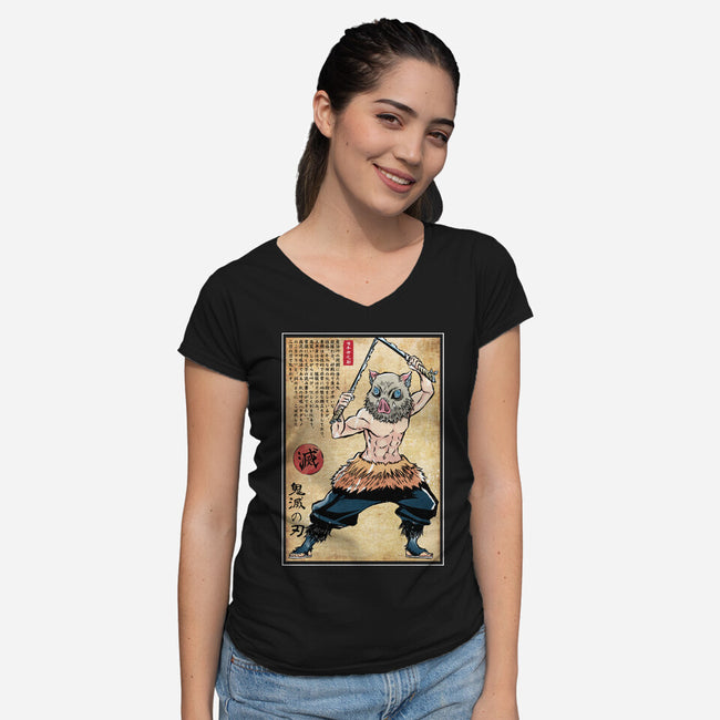 Beast Breathing Woodblock-Womens-V-Neck-Tee-DrMonekers