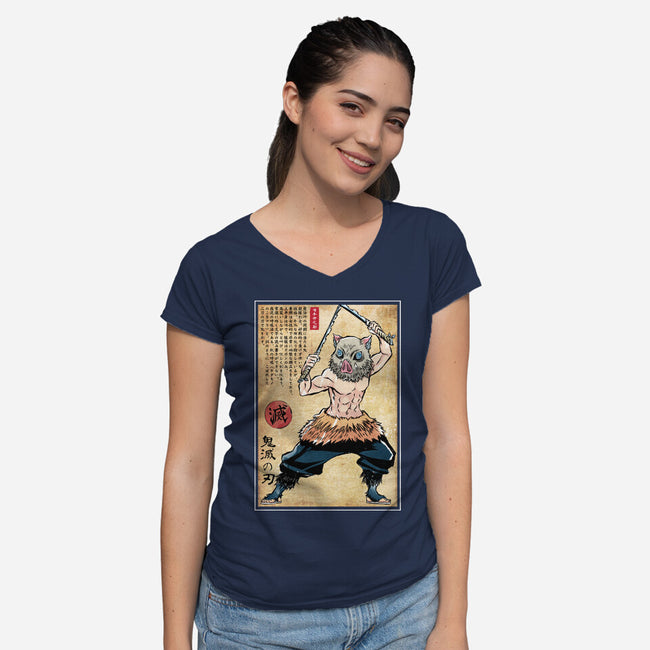 Beast Breathing Woodblock-Womens-V-Neck-Tee-DrMonekers