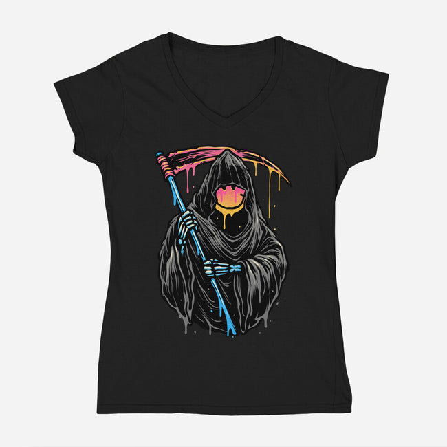 Color Drip Reaper-Womens-V-Neck-Tee-glitchygorilla