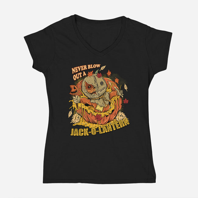 Never Blow Out A Jack-O-Lantern-Womens-V-Neck-Tee-Green Devil