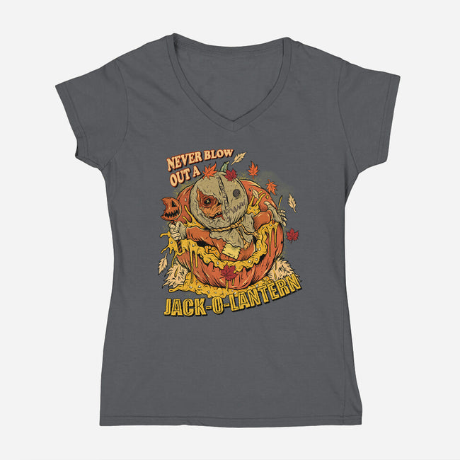 Never Blow Out A Jack-O-Lantern-Womens-V-Neck-Tee-Green Devil