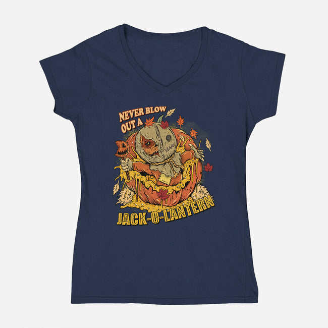 Never Blow Out A Jack-O-Lantern-Womens-V-Neck-Tee-Green Devil