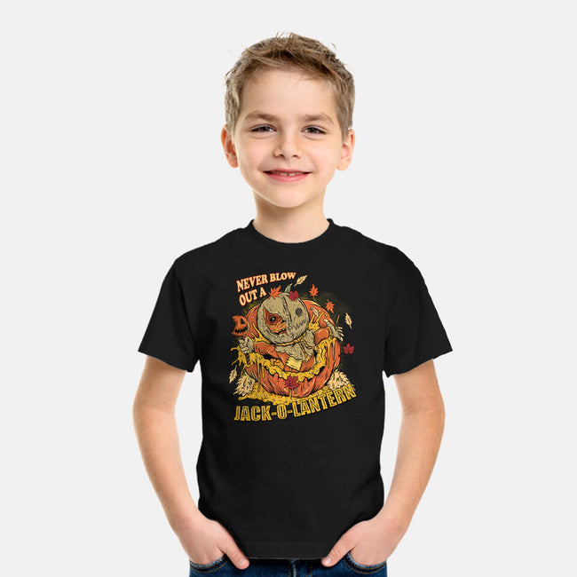 Never Blow Out A Jack-O-Lantern-Youth-Basic-Tee-Green Devil