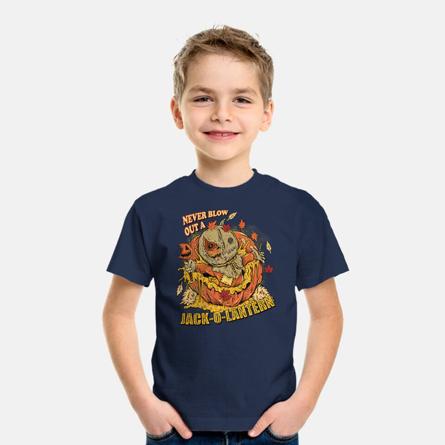Never Blow Out A Jack-O-Lantern-Youth-Basic-Tee-Green Devil