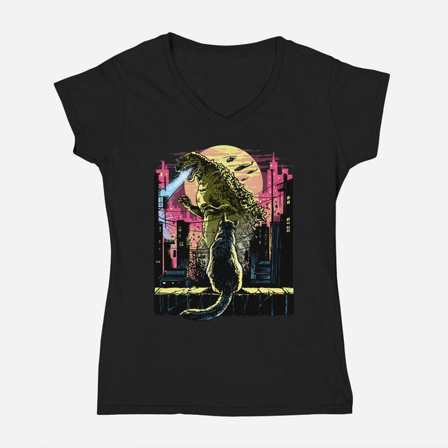 Watching The Kaiju-Womens-V-Neck-Tee-zascanauta