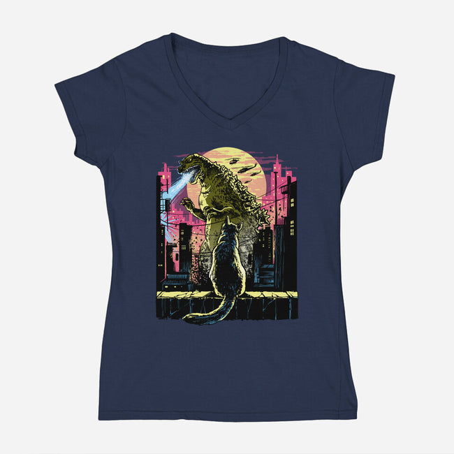 Watching The Kaiju-Womens-V-Neck-Tee-zascanauta
