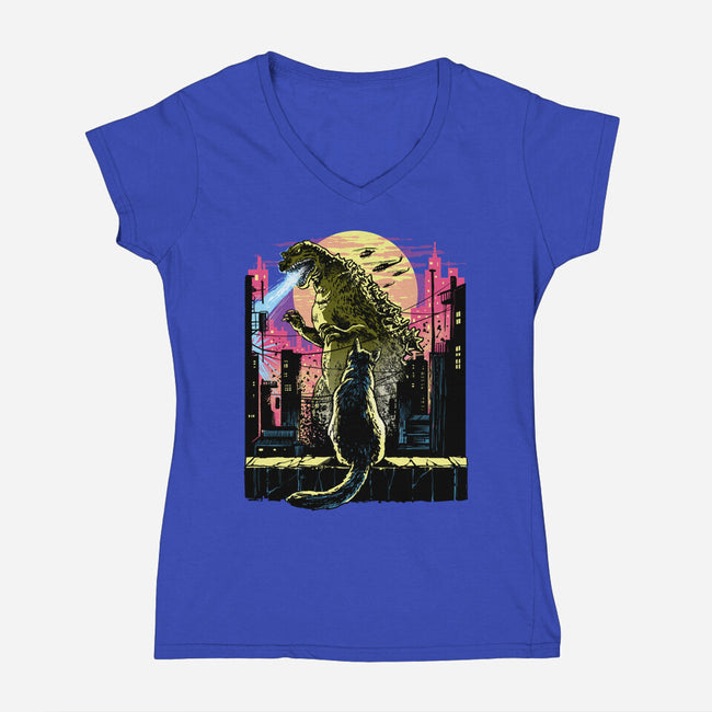 Watching The Kaiju-Womens-V-Neck-Tee-zascanauta