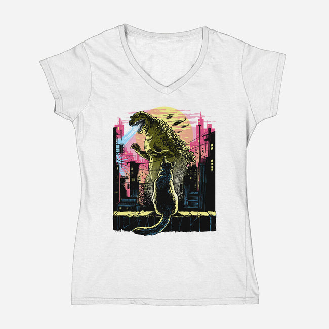 Watching The Kaiju-Womens-V-Neck-Tee-zascanauta