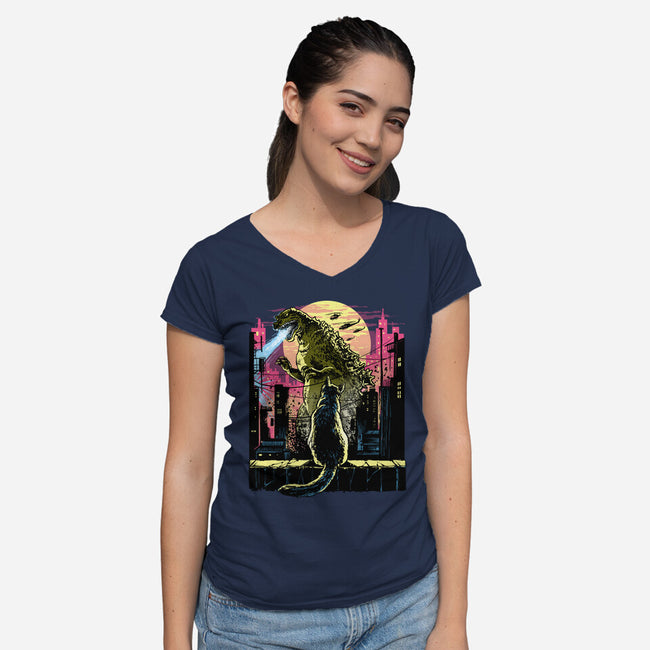 Watching The Kaiju-Womens-V-Neck-Tee-zascanauta