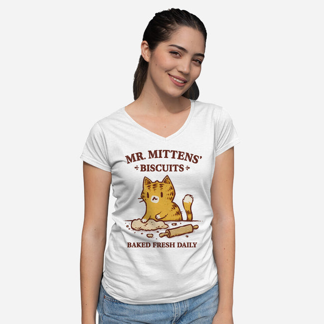 Mr. Mittens' Biscuits-Womens-V-Neck-Tee-kg07