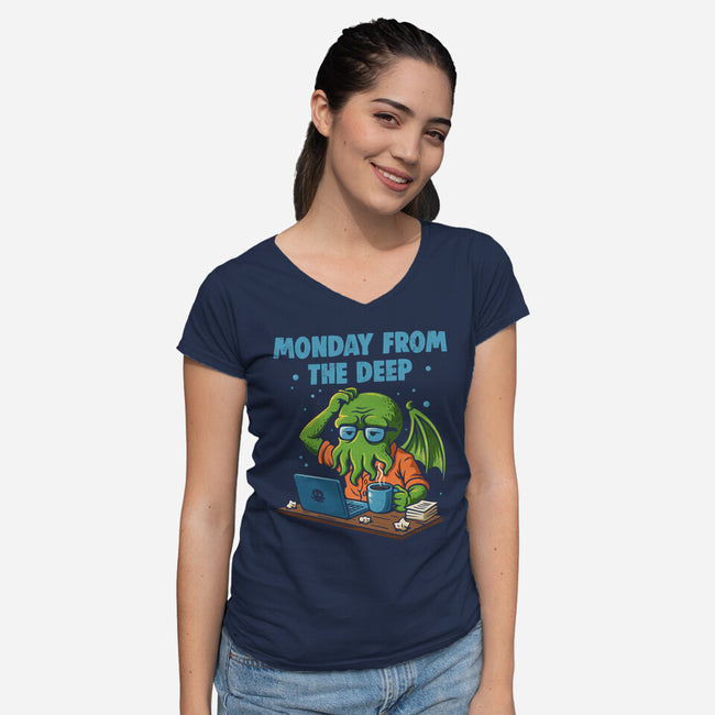 Monday From The Deep-Womens-V-Neck-Tee-Marinho