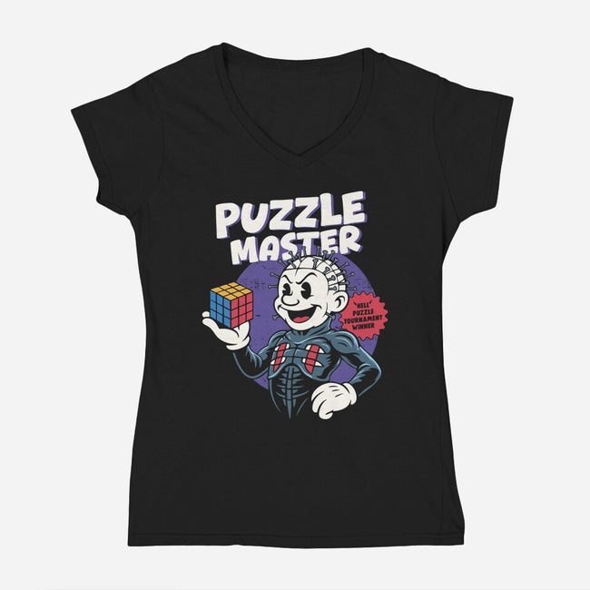 Puzzle Master-Womens-V-Neck-Tee-Marinho