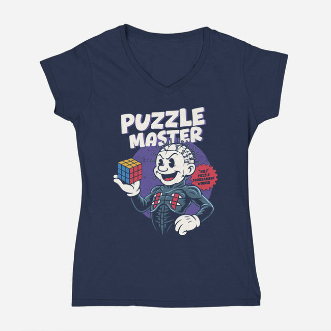 Puzzle Master-Womens-V-Neck-Tee-Marinho