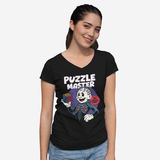 Puzzle Master-Womens-V-Neck-Tee-Marinho