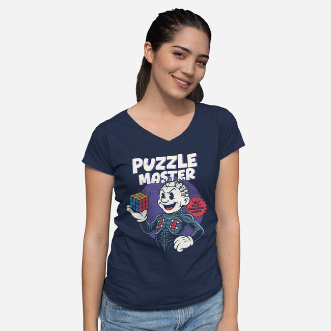 Puzzle Master-Womens-V-Neck-Tee-Marinho