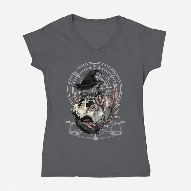 Black Witch Cat-Womens-V-Neck-Tee-fanfabio