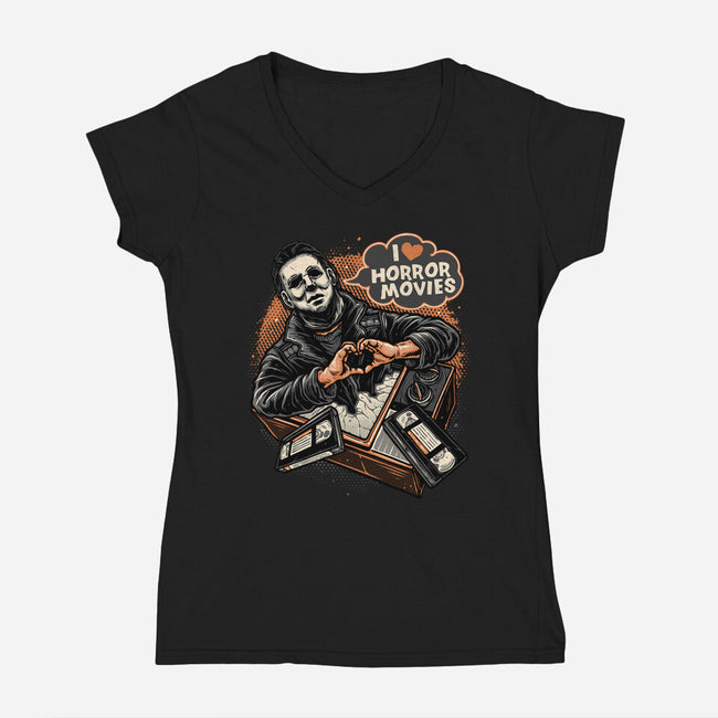 I Love Horror Movies-Womens-V-Neck-Tee-glitchygorilla
