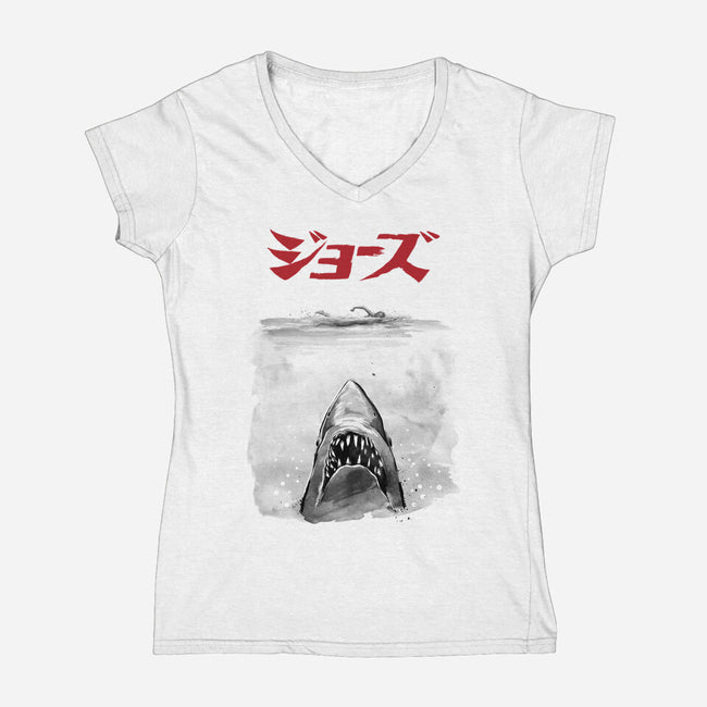 Jaws Sumi-e-Womens-V-Neck-Tee-DrMonekers