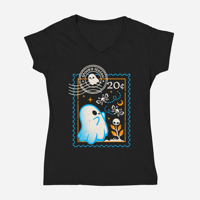 Spooky Season Postage Stamp-Womens-V-Neck-Tee-NemiMakeit