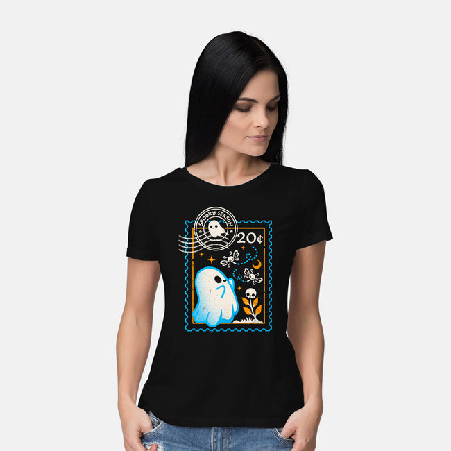 Spooky Season Postage Stamp-Womens-Basic-Tee-NemiMakeit