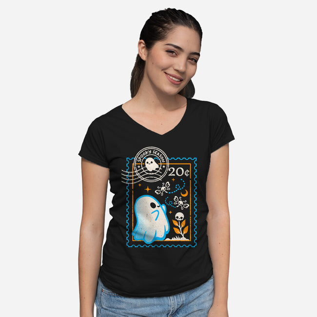 Spooky Season Postage Stamp-Womens-V-Neck-Tee-NemiMakeit