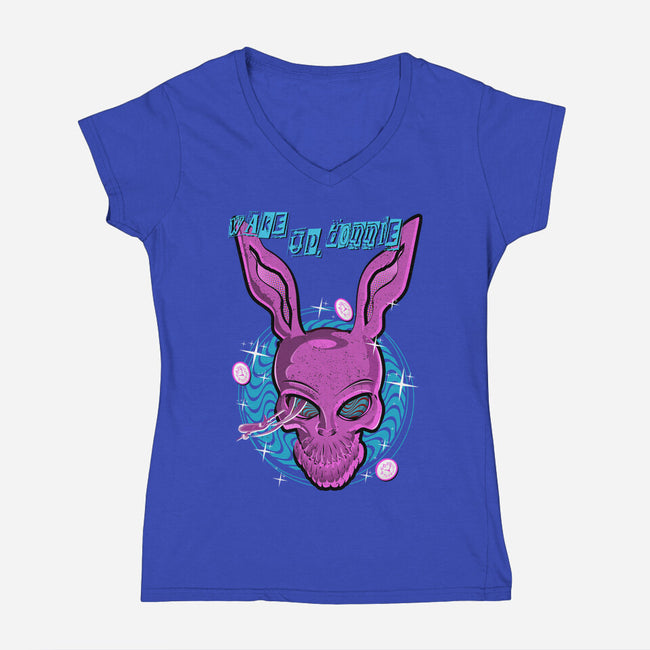 Wake Up Donnie-Womens-V-Neck-Tee-palmstreet
