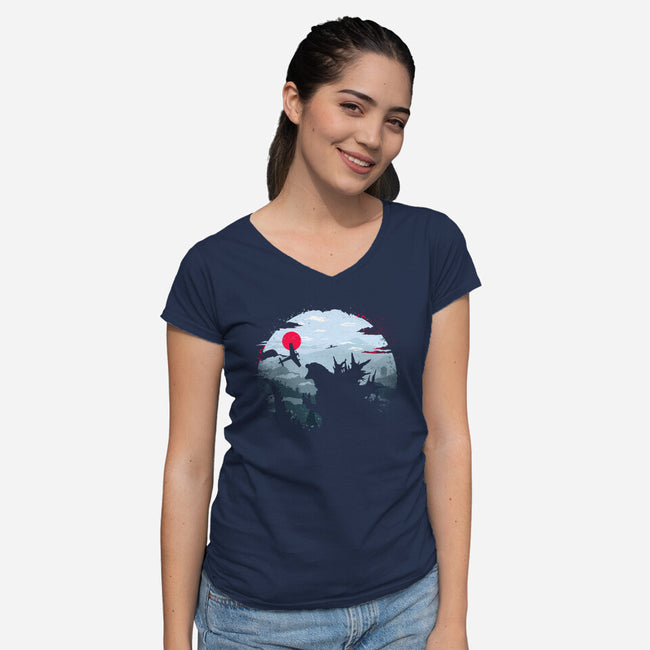 Monster King-Womens-V-Neck-Tee-rocketman_art