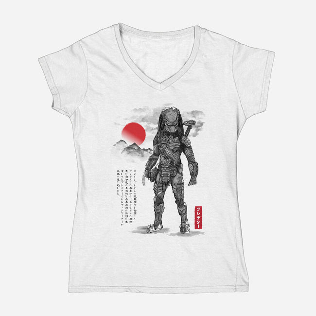 Wolf Predator Sumi-e-Womens-V-Neck-Tee-DrMonekers