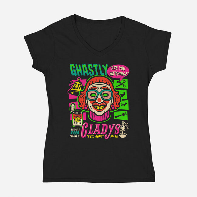 Ghastly Gladys-Womens-V-Neck-Tee-Wheels