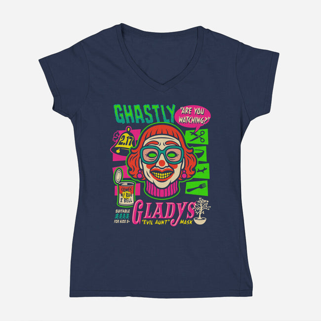 Ghastly Gladys-Womens-V-Neck-Tee-Wheels
