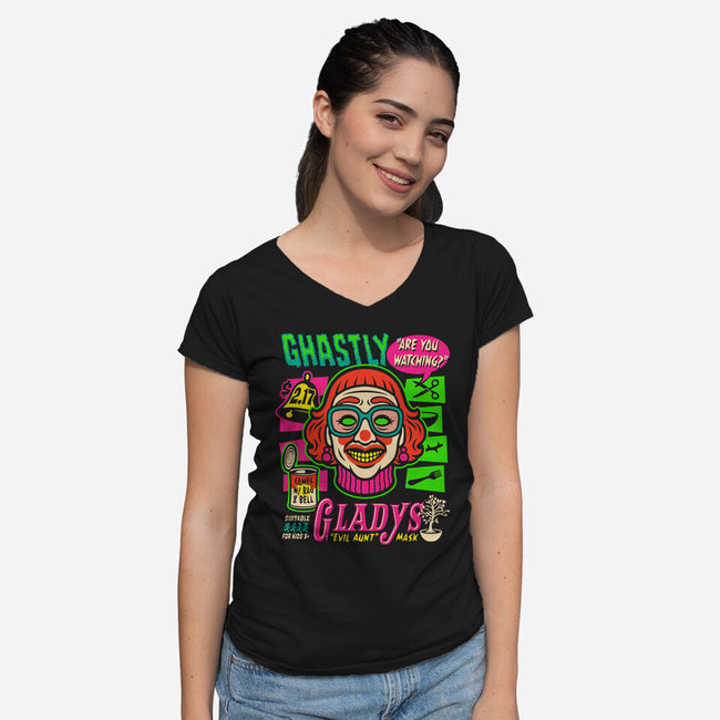 Ghastly Gladys-Womens-V-Neck-Tee-Wheels