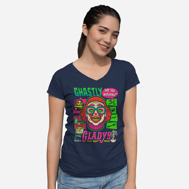 Ghastly Gladys-Womens-V-Neck-Tee-Wheels