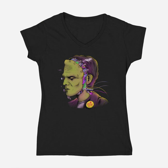 Cyber Frankenstein-Womens-V-Neck-Tee-alfbocreative