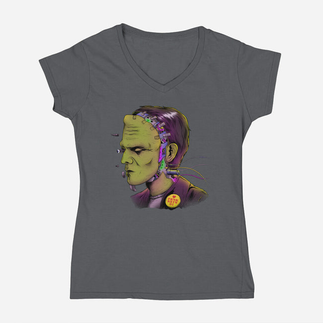 Cyber Frankenstein-Womens-V-Neck-Tee-alfbocreative