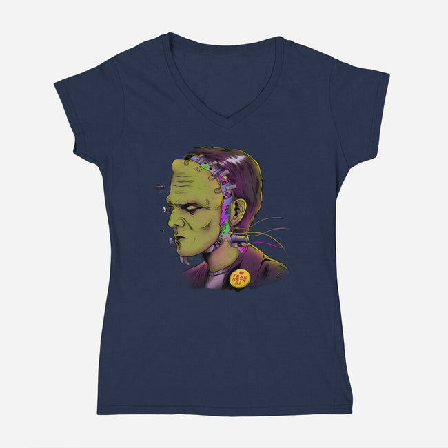 Cyber Frankenstein-Womens-V-Neck-Tee-alfbocreative
