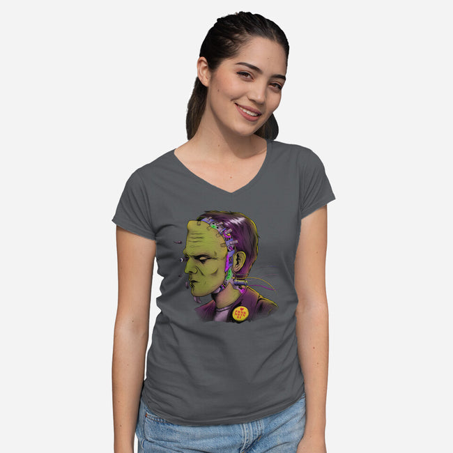 Cyber Frankenstein-Womens-V-Neck-Tee-alfbocreative