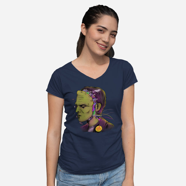 Cyber Frankenstein-Womens-V-Neck-Tee-alfbocreative