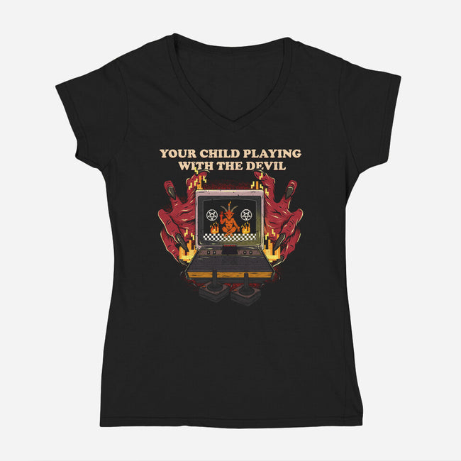 Playing With The Devil-Womens-V-Neck-Tee-Green Devil