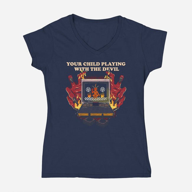 Playing With The Devil-Womens-V-Neck-Tee-Green Devil