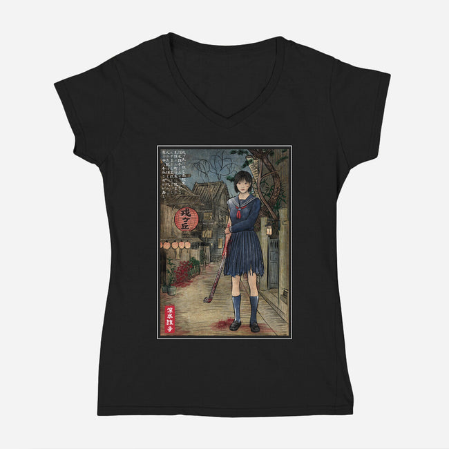 Hinako In Japan Woodblock-Womens-V-Neck-Tee-DrMonekers