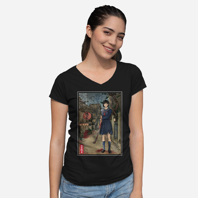 Hinako In Japan Woodblock-Womens-V-Neck-Tee-DrMonekers