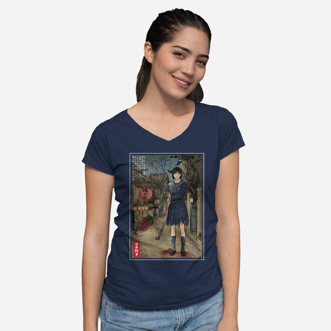 Hinako In Japan Woodblock-Womens-V-Neck-Tee-DrMonekers