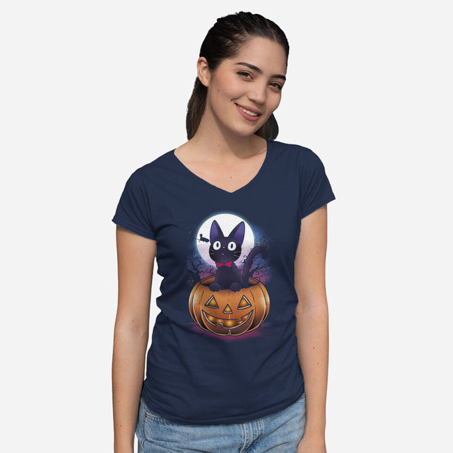 Jiji Pumpkin-Womens-V-Neck-Tee-dandingeroz