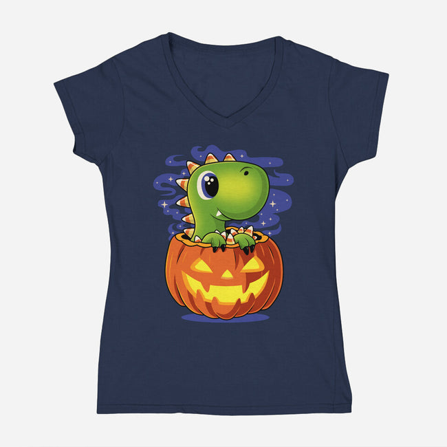 Trick Or T-Rex-Womens-V-Neck-Tee-erion_designs