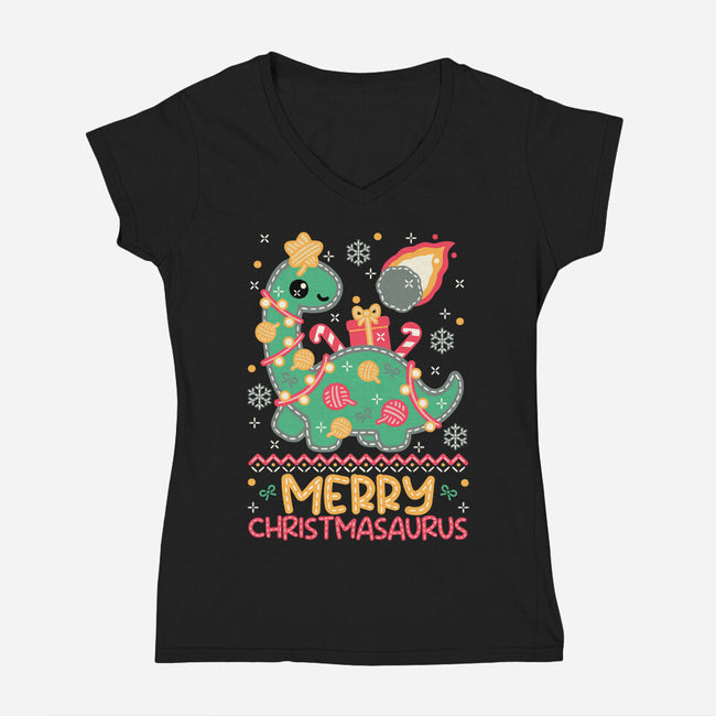 Merry Christmasaurus-Womens-V-Neck-Tee-NemiMakeit