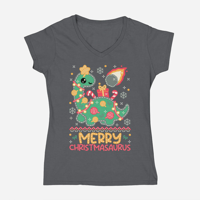 Merry Christmasaurus-Womens-V-Neck-Tee-NemiMakeit
