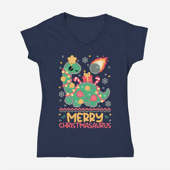 Merry Christmasaurus-Womens-V-Neck-Tee-NemiMakeit