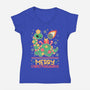 Merry Christmasaurus-Womens-V-Neck-Tee-NemiMakeit